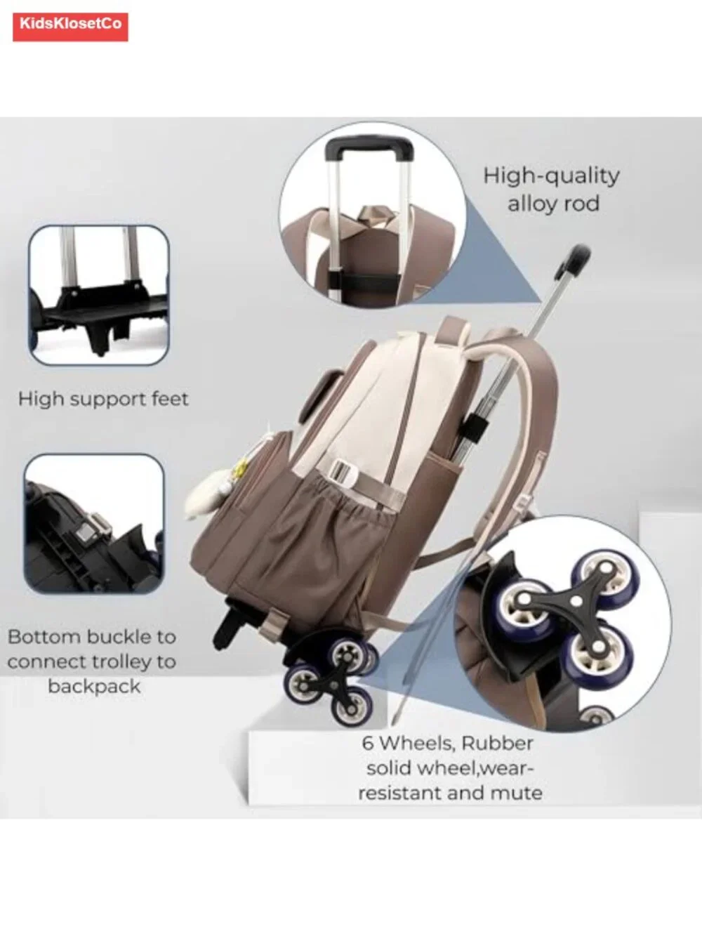 Rolling Backpack with 6 Wheels, Kids Wheeled Book Bag for School Travel, Nylon